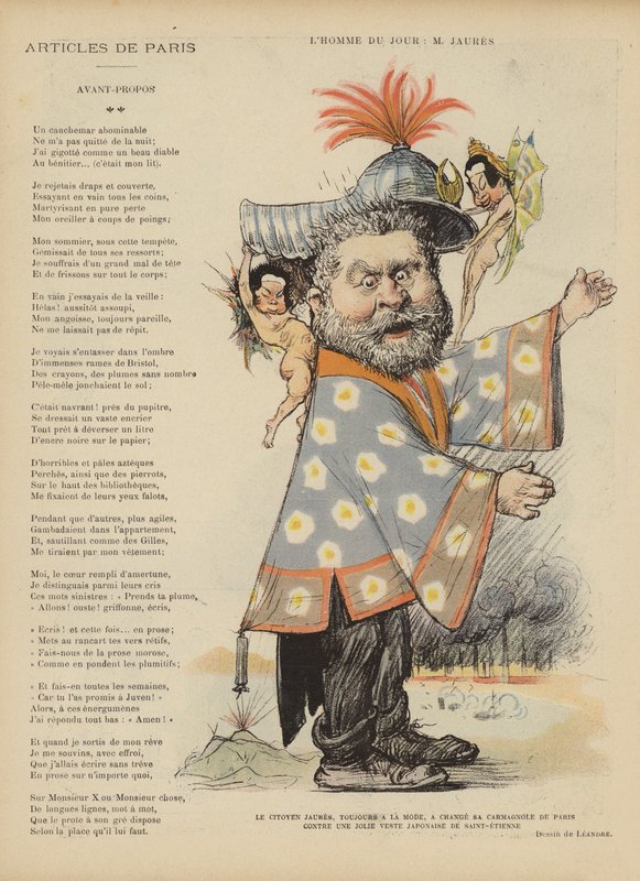 Karikatyyri ranskalaisesta sosialistipoliitikosta Jean Jauresista. Kuvitus Le Rirelle tekijältä Charles Leandre