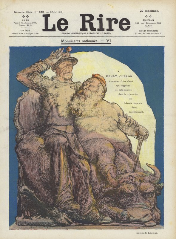 Karikatyyri Henry Cheronista, Ranskan sodan alivaltiosihteeristä. Kuvitus Le Rirelle tekijältä Charles Leandre
