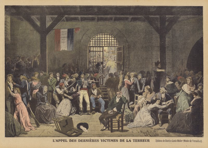 Terrorin vallan viimeisten uhrien kutsuminen Saint-Lazaren vankilassa Lappel des dernieres uhreja de la Terreur tekijältä Charles Louis Lucien Muller