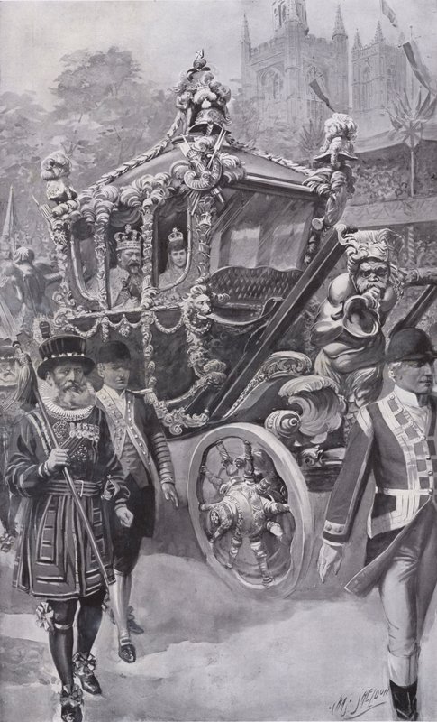 Kuningas Edward VII ja kuningatar Alexandra osavaltion valmentajassa palaamassa kruunajaisistaan Westminster Abbeystä Lontoossa tekijältä Charles Mills (after) Sheldon