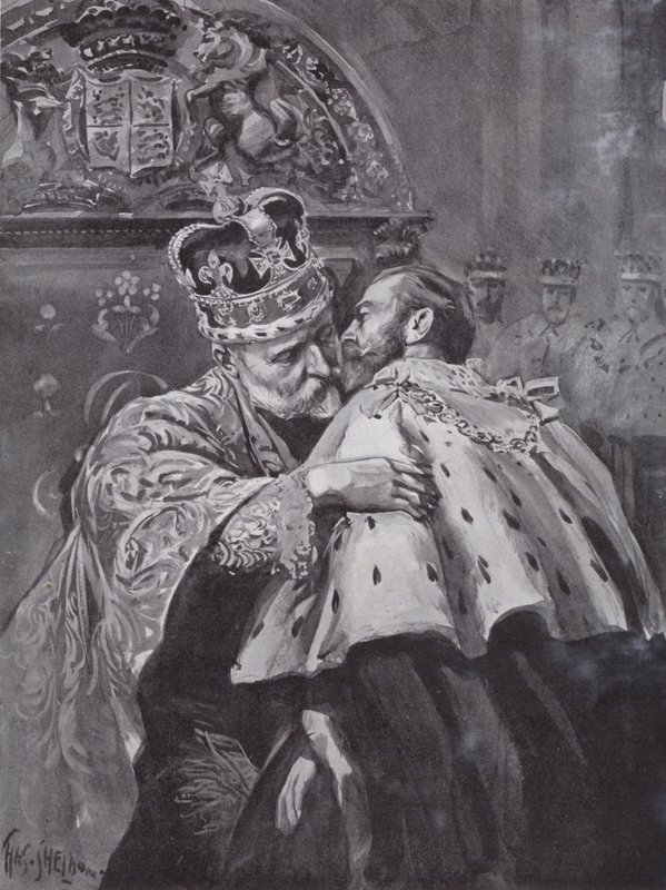 Kuningas Edward VII syleilee poikaansa Walesin prinssiä kuninkaan kruunajaisissa Westminster Abbeyssa Lontoossa tekijältä Charles Mills (after) Sheldon