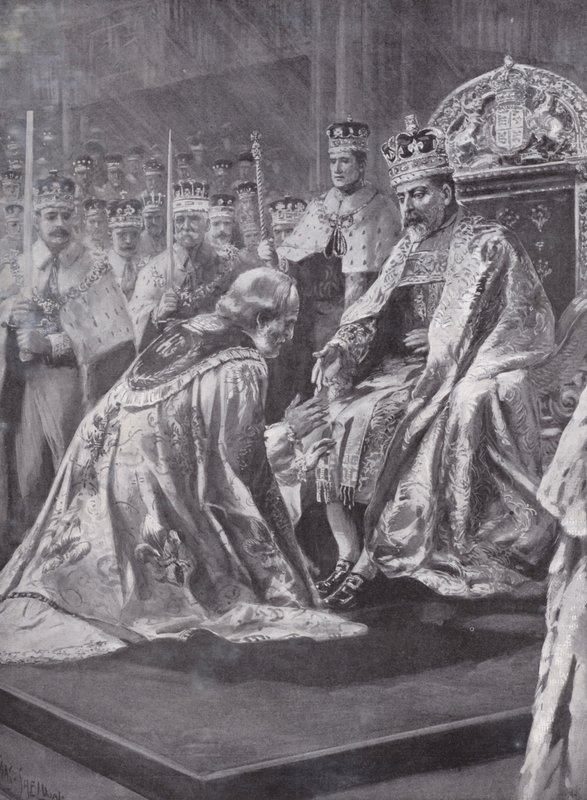 Canterburyn arkkipiispan kunnianosoitus kuningas Edward VII:n kruunajaisissa, Westminster Abbey, Lontoo, 1902 tekijältä Charles Mills after Sheldon