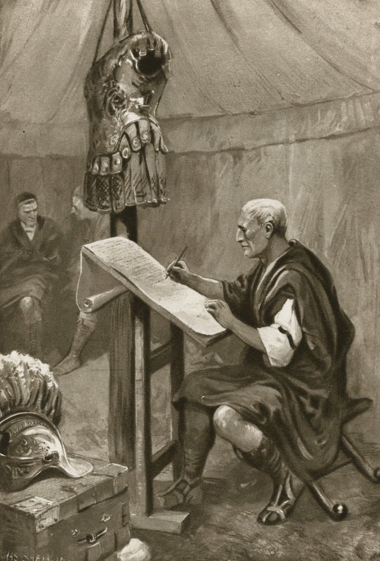 Julius Caesar kirjoittaa kotiin kirjettä Roomaan telttastaan Kentissä tekijältä Charles Mills after Sheldon
