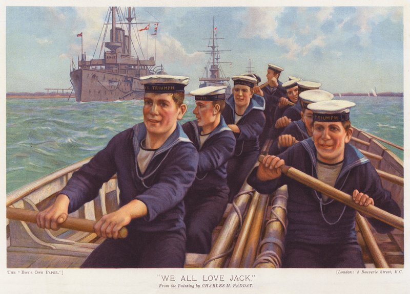 HMS Triumphin merimiehiä soutamassa sataman poikki (värilitografia). tekijältä Charles Murray (after) Padday