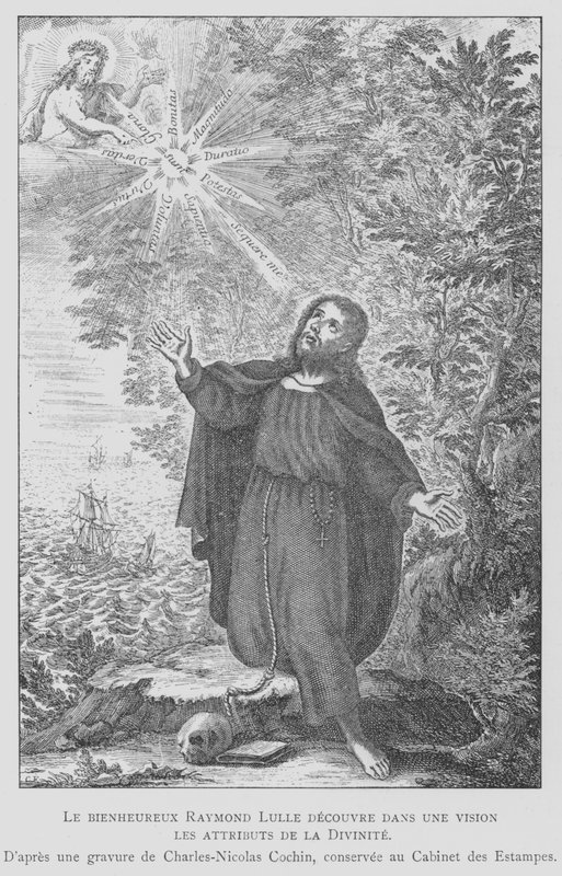 Espanjalainen filosofi Ramon Llull löytää jumaluuden ominaisuudet näyssä (litho) tekijältä Charles Nicolas II (after) Cochin
