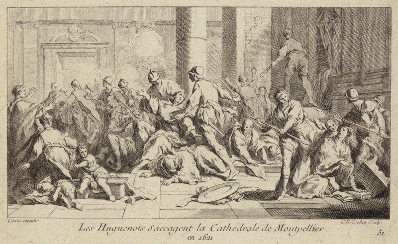 Hugenotit ryöstivät Montpellierin katedraalin, Ranska, 1621 tekijältä Charles Nicolas II Cochin