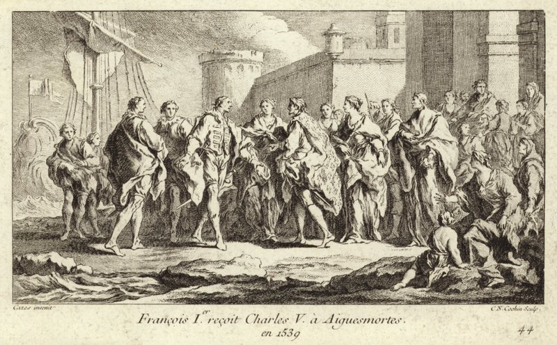 Ranskan kuningas Francis I ottaa vastaan keisari Kaarle V:n Aigues-Mortesissa tekijältä Charles Nicolas II Cochin