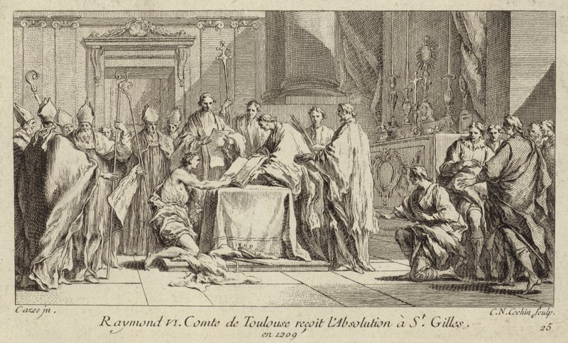 Raymond VI, Toulousen kreivi, nöyrtyy St Gillesin kirkossa saadakseen kirkonkirouksen kumottua. tekijältä Charles Nicolas II Cochin