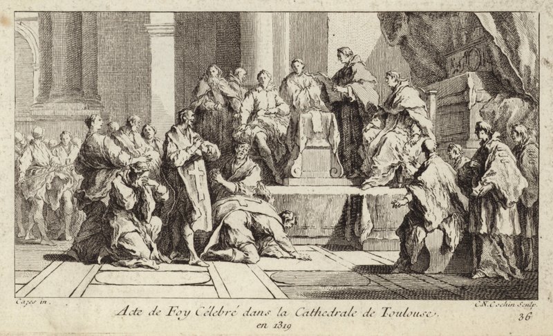 Katuvat kataarit julistamassa uskoaan katoliseen uskontoon Toulousen katedraalissa Ranskassa tekijältä Charles Nicolas II Cochin