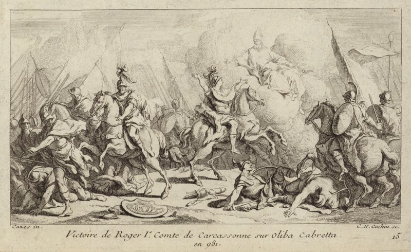 Carcassonnen kreivin Roger I:n voitto Oliba Cabretalta, 981 (kaiverrus) tekijältä Charles Nicolas II Cochin