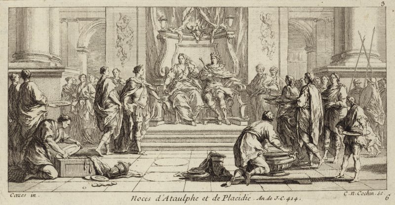 Galla Placidian ja länsigoottien kuninkaan Ataulfin häät, Narbonne, 414 (kaiverrus). tekijältä Charles Nicolas II Cochin