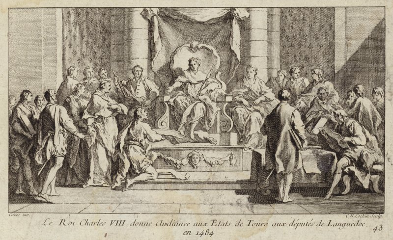 Ranskalainen Charles VIII kuulee Languedocin kansanedustajia Toursin kenraalissa tekijältä Charles Nicolas II Cochin