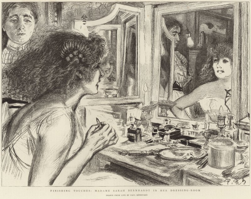 Madame Sarah Bernhardt pukuhuoneessaan (litho) tekijältä Charles Paul (after) Renouard