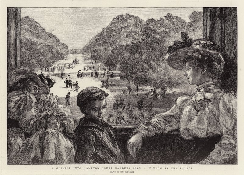 Vilaus Hampton Court Gardensiin palatsin ikkunasta tekijältä Charles Paul Renouard