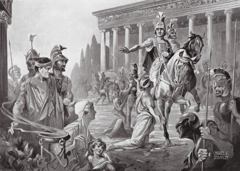 Aleksanteri Theban ryöstön yhteydessä, eKr. 335 (litografia) tekijältä Charles Rebel Stanton
