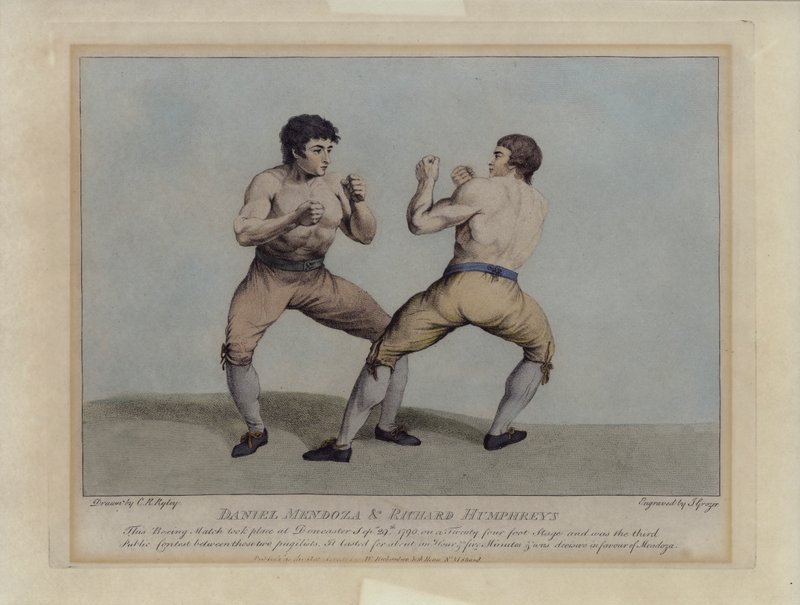 Englantilaiset palkintotaistelijat Daniel Mendoza ja Richard Humphreys nyrkkeilyottelussaan 29. syyskuuta 1790 (kaiverrus) tekijältä Charles Reuben (after) Ryley