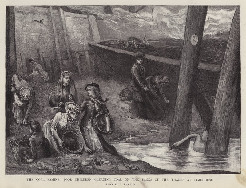 Köyhät lapset poimimassa hiiltä Thames-joen rannalta Limehousessa, Lontoossa (litho) tekijältä Charles Ricketts