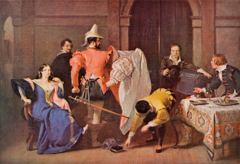 Shakespeare: Katherina ja Petruchio, Särän kesyttäminen, IV näytös, kohtaus 3 (värilitho) tekijältä Charles Robert (after) Leslie