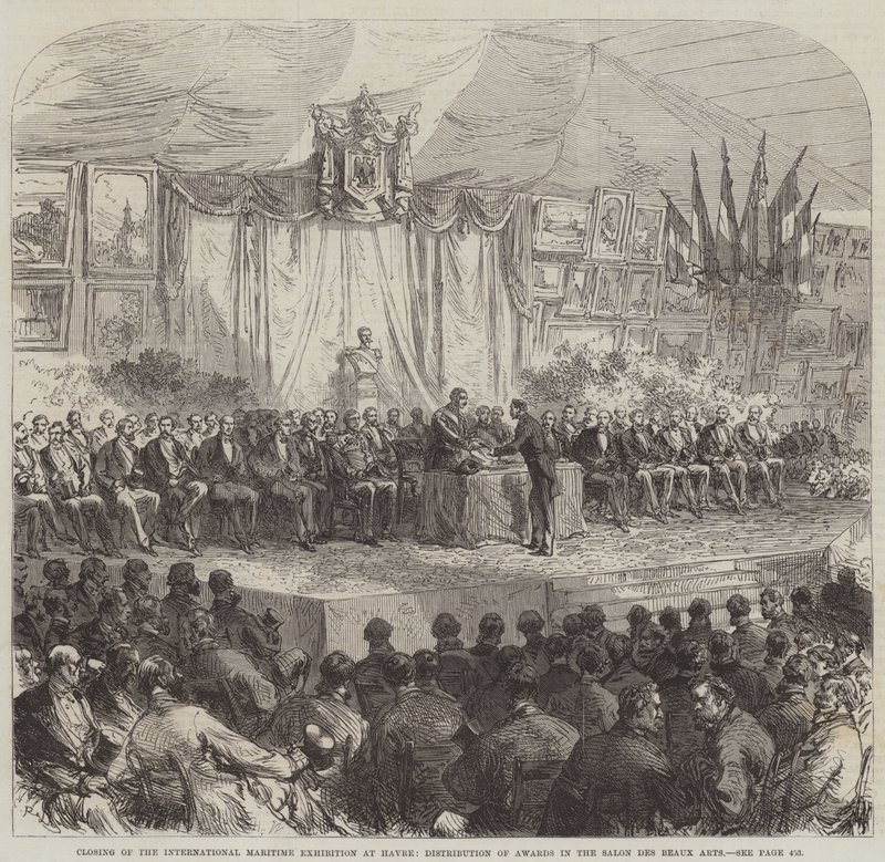 Kansainvälisen merenkulkunäyttelyn päättäminen Havressa, palkintojen jako Salon des Beaux Artsissa tekijältä Sir John Charles Robinson