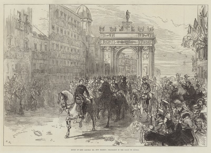Kuningas Alfonso XII:n saapuminen Madridiin, kulkue Calle de Alcalassa tekijältä Sir John Charles Robinson