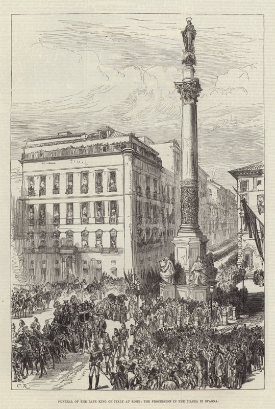 Italian edesmenneen kuninkaan hautajaiset Roomassa, kulkue Piazza di Spagnalla tekijältä Sir John Charles Robinson