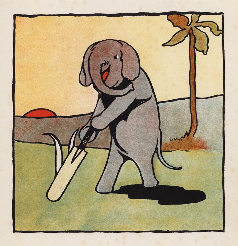 Hölynpölyä: Elefantti pelaa krikettiä (värilitografia). tekijältä Charles Robinson