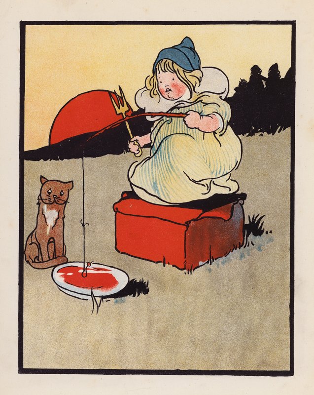 Hölynpölyä: pikkulapsi kalastamassa lautasella (värilitografia). tekijältä Charles Robinson