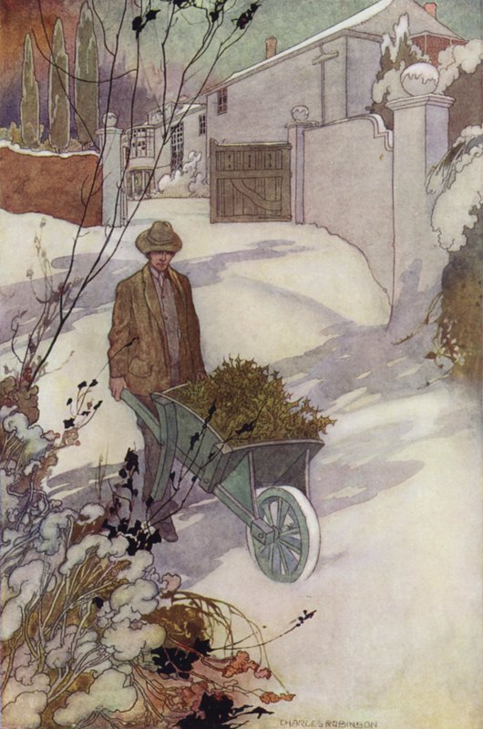 Sentimental puutarhamme: Talvi (väri litho) tekijältä Charles Robinson