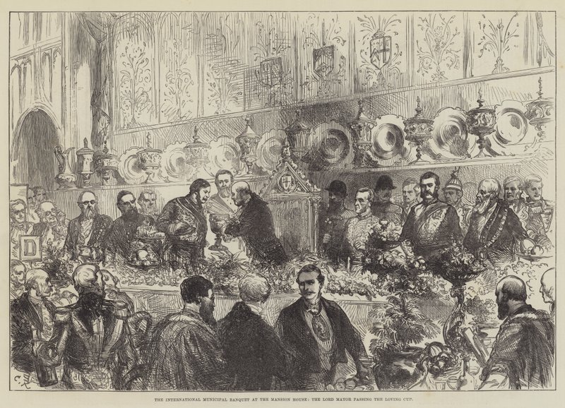 Kansainvälinen kunnallinen juhlatilaisuus Mansion Housessa, lordipormestari läpäisi Loving Cupin tekijältä Sir John Charles Robinson