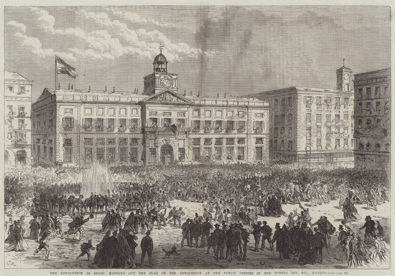 Vallankumous Espanjassa, Vallankumouksen lipun ripustaminen julkisissa toimistoissa Puerta del Solissa Madridissa tekijältä Sir John Charles Robinson