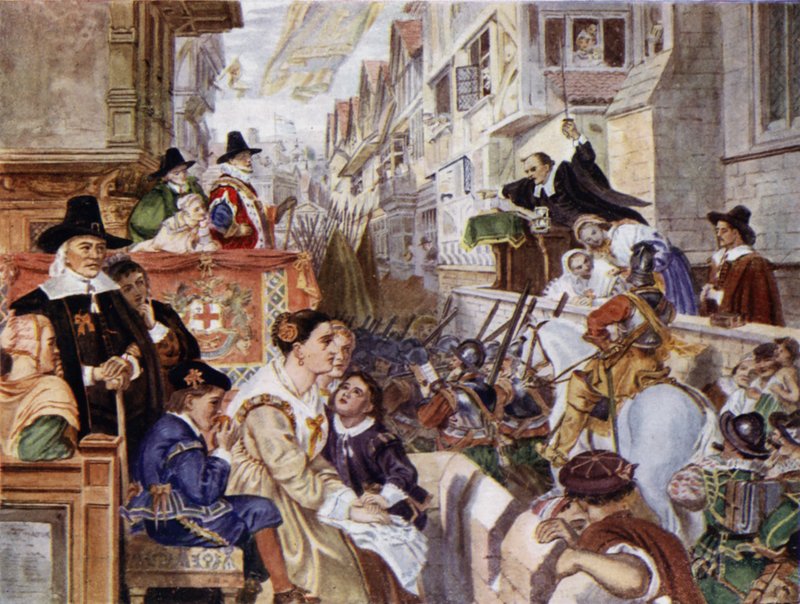 Lontoon sotilaat taistelevat parlamentaarikkojen puolella kuningas Charles I:tä vastaan Englannin sisällissodassa (värilitho) tekijältä Charles West (after) Cope