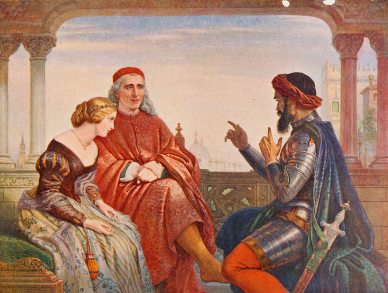 Shakespeare: Desdemonan kosu, Othello, I näytös, kohtaus 3 (värilitho) tekijältä Charles West (after) Cope