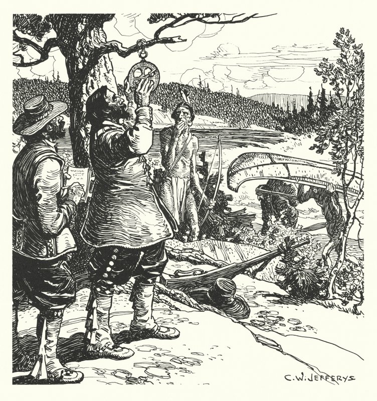 Champlain tekemässä havaintoja Astrolabella Ottawalla. tekijältä Charles William (after) Jefferys