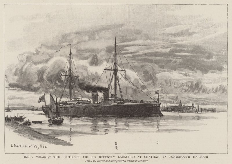 HMS Blake, Protected Cruiser, joka julkaistiin äskettäin Chathamissa Portsmouthin satamassa tekijältä Charles William Wyllie