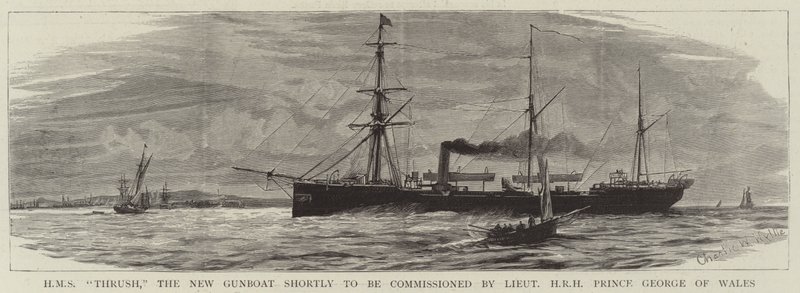 HMS Thrush, uusi tykkivene, joka otetaan pian käyttöön luutnantti HRH Walesin prinssi Georgelta tekijältä Charles William Wyllie