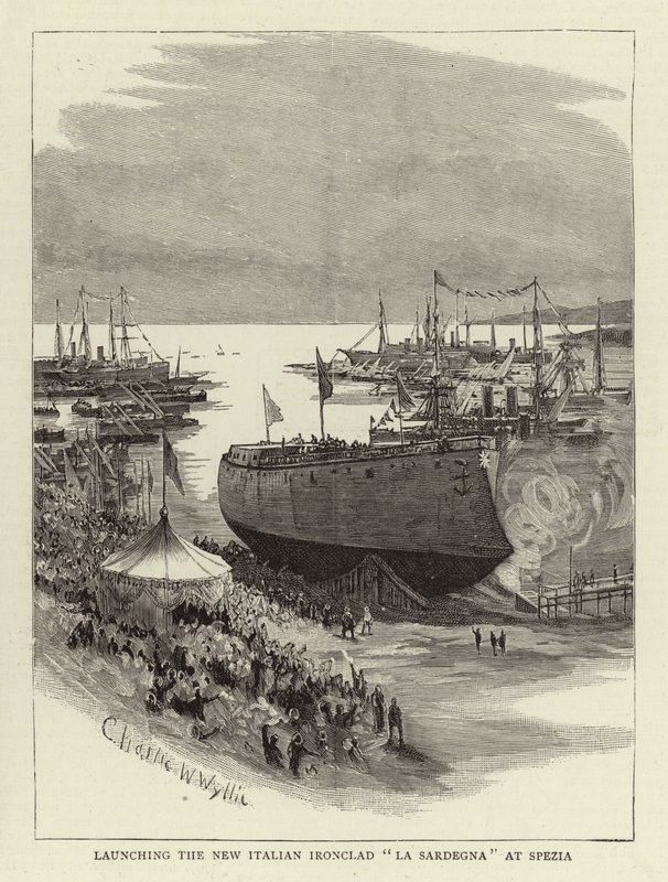 Uusi italialainen Ironclad La Sardegna lanseerataan Speziassa tekijältä Charles William Wyllie