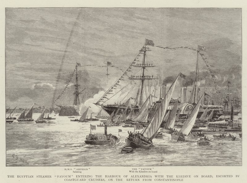 Egyptiläinen höyrylaiva Fayoum saapuu Alexandrian satamaan Khediven kanssa rannikkovartiosteilijöiden saattajana palatessaan Konstantinopolista tekijältä Charles William Wyllie