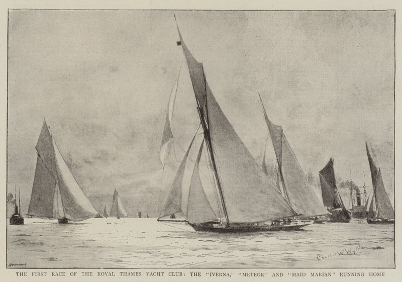 Royal Thames Yacht Clubin ensimmäinen kilpailu, Iverna, Meteor ja Maid Marian juoksevat kotiin tekijältä Charles William Wyllie