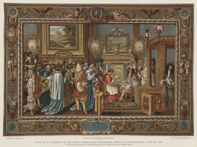 Ludvig XIV:n kuulija paavin suurlähettilään Sigismondo Chigin luo Fontainebleaussa 29. heinäkuuta 1664 tekijältä Charles after Le Brun