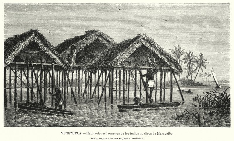 Wayuu-intiaanien (Guajiro) järviasunnot, Maracaibo, Venezuela (litho) tekijältä Christian Anton Goering