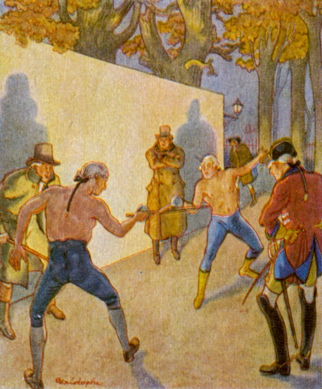 Duell / Kaksintaistelu (värillinen litografia) tekijältä Christophe (1856 1945)