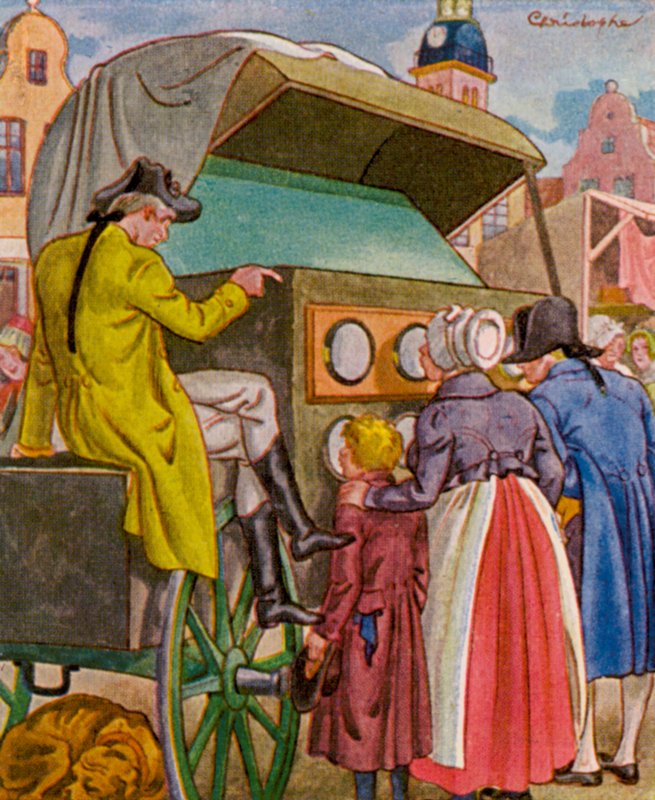 Guckkastenmann / Peep Box Man (värilitografia) tekijältä Christophe (1856 1945)