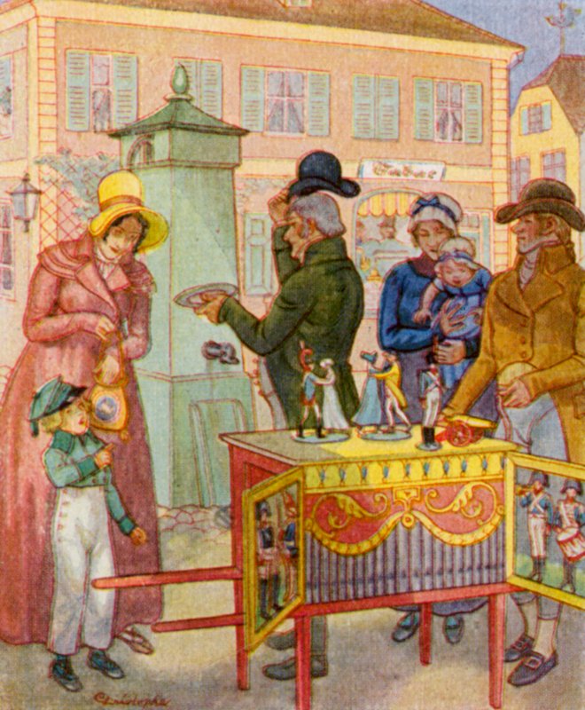 Leierkasten Mit Tanzpuppen / Tynnyriurut ja tanssinuket (värilitografia) tekijältä Christophe (1856 1945)