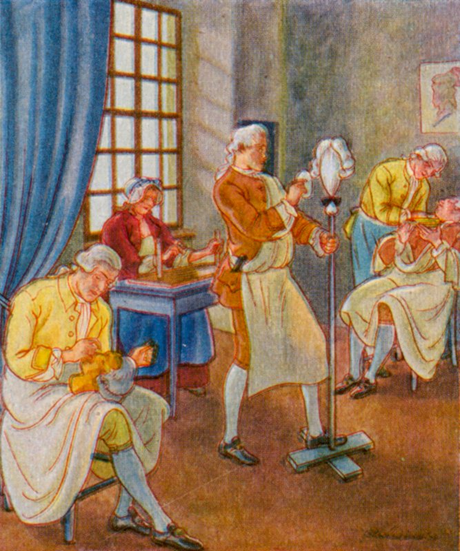 Peruukkien valmistaja / Perukkeiden valmistaja (värilitografia) tekijältä Christophe (1856 1945)