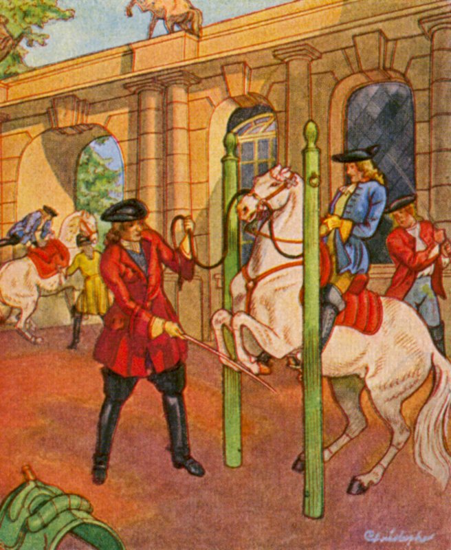 Ratsastuskoulu / Ratsastuskoulu (värilitro) tekijältä Christophe (1856 1945)