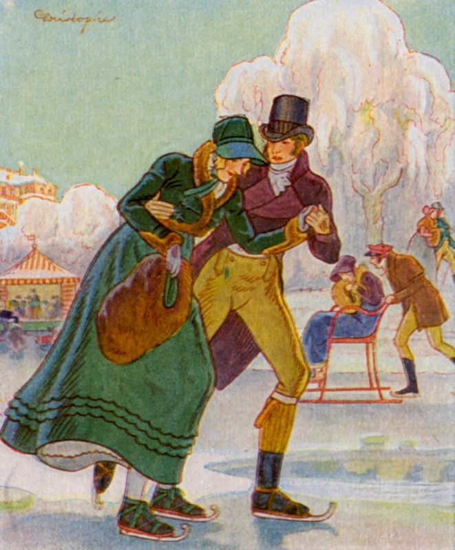 Luistelu / Luistelu (värillinen litografia) tekijältä Christophe (1856 1945)