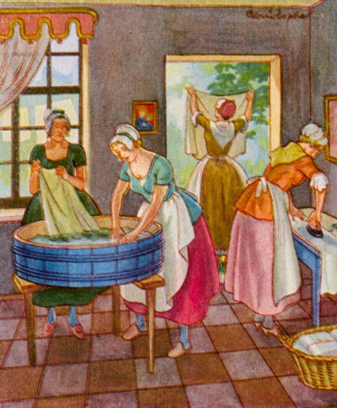 Wascherin Und Platterin / Pesijätär ja lautanen (värilitografia) tekijältä Christophe (1856 1945)