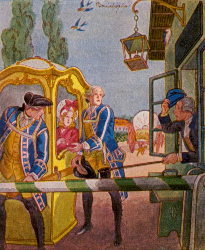 Chaise Am Schlagbaum / Chaise at the Turnpike (värilitografia) tekijältä Christophe (1856 1945)