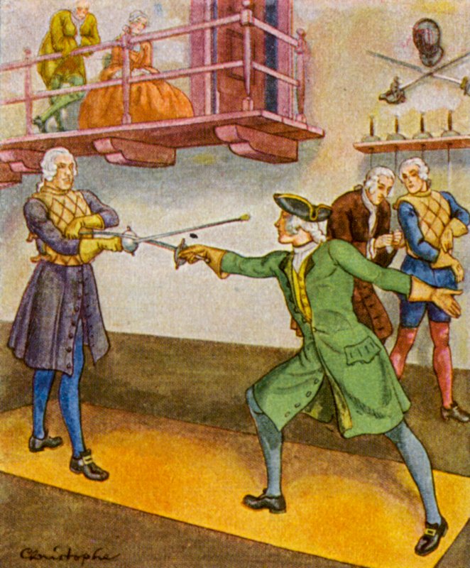 Fechtschule / Miekkailukoulu (värilitografia) tekijältä Christophe (1856 1945)