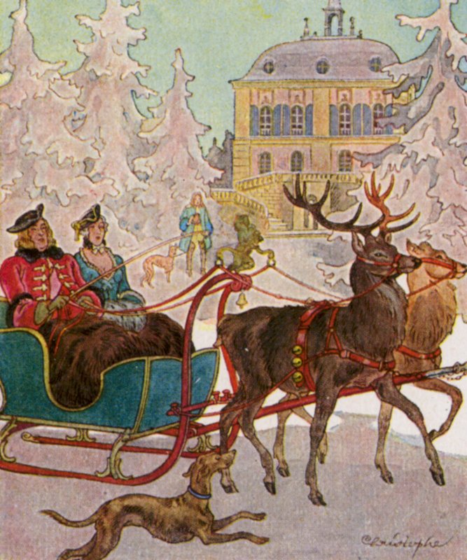 Hirschschlitten / Peuran reki (värilitografia) tekijältä Christophe (1856 1945)